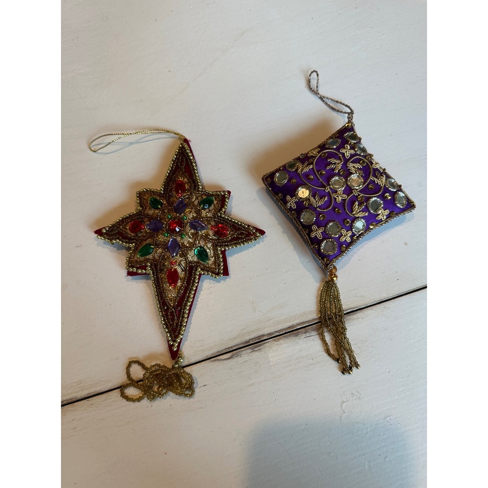 Vintage Zardozi Embroidered Christmas Ornaments Beaded Velvet Star Purple Shisha